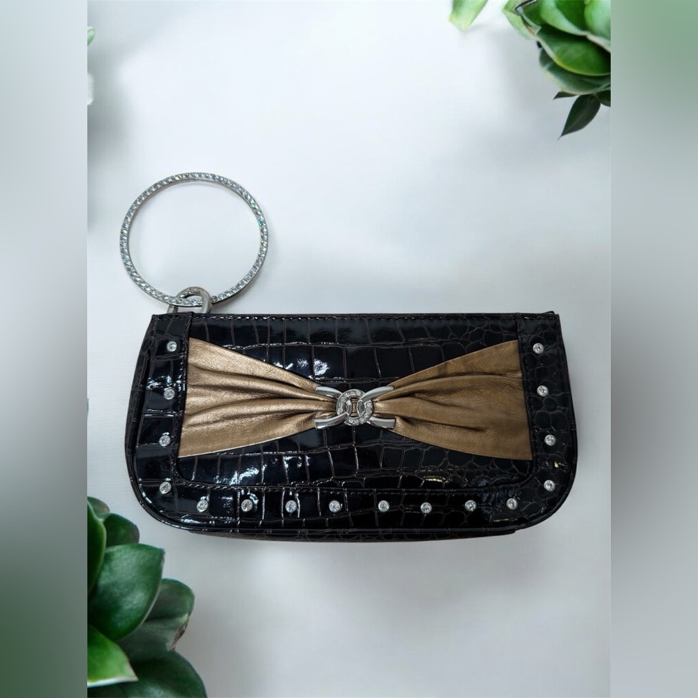 Brown and Gold Croc-Embossed Clutch
